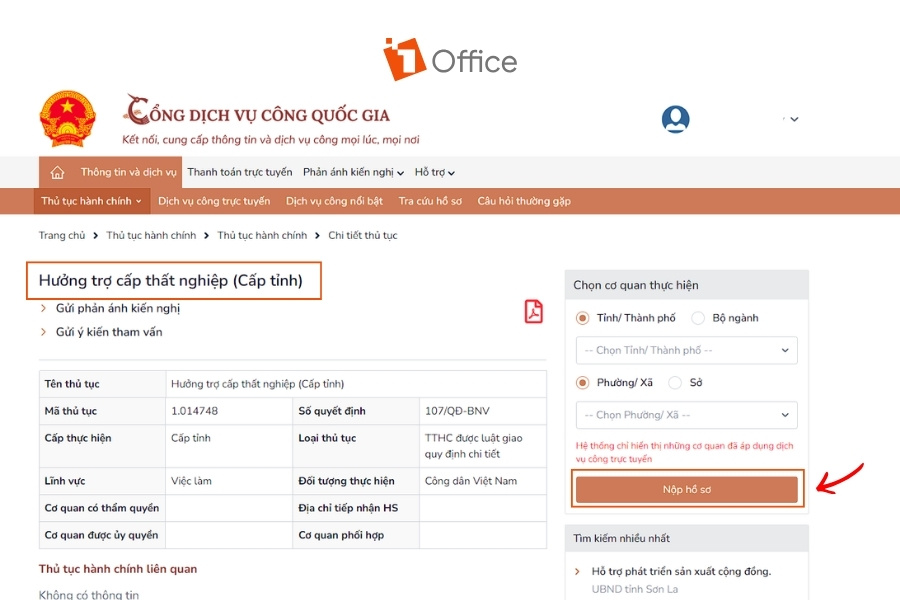 Giao diện Cổng Dịch vụ công Quốc gia hiển thị thủ tục hưởng trợ cấp thất nghiệp cấp tỉnh cùng nút "Nộp hồ sơ" để bắt đầu đăng ký trực tuyến.