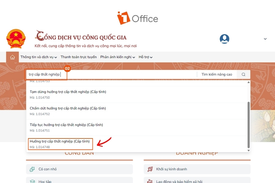 Giao diện Cổng Dịch vụ công Quốc gia hiển thị kết quả tìm kiếm từ khóa "trợ cấp thất nghiệp", hướng dẫn người dùng chọn thủ tục hưởng trợ cấp thất nghiệp cấp tỉnh.
