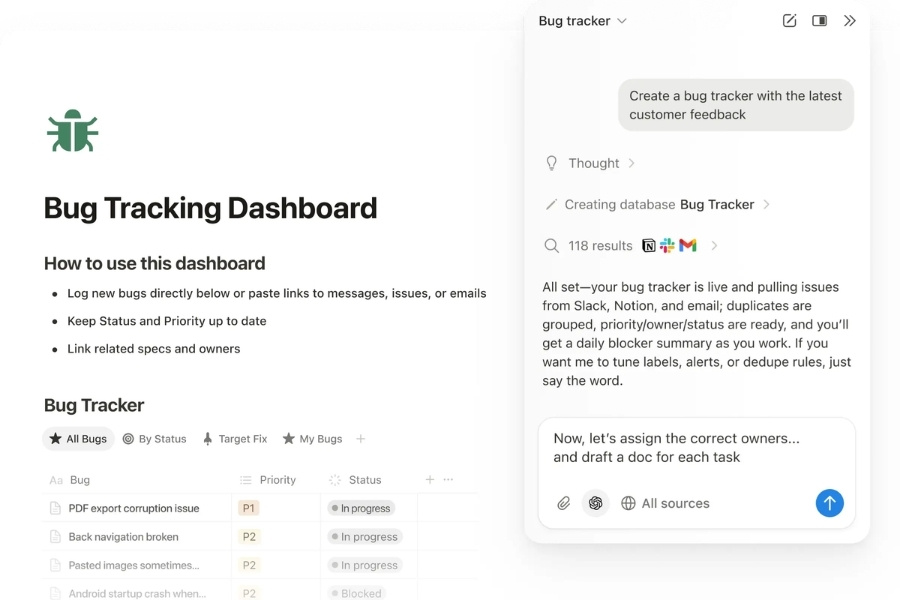Giao diện Bug Tracking Dashboard kết hợp trợ lý AI để tổng hợp dữ liệu và tự động hỗ trợ phân công công việc..