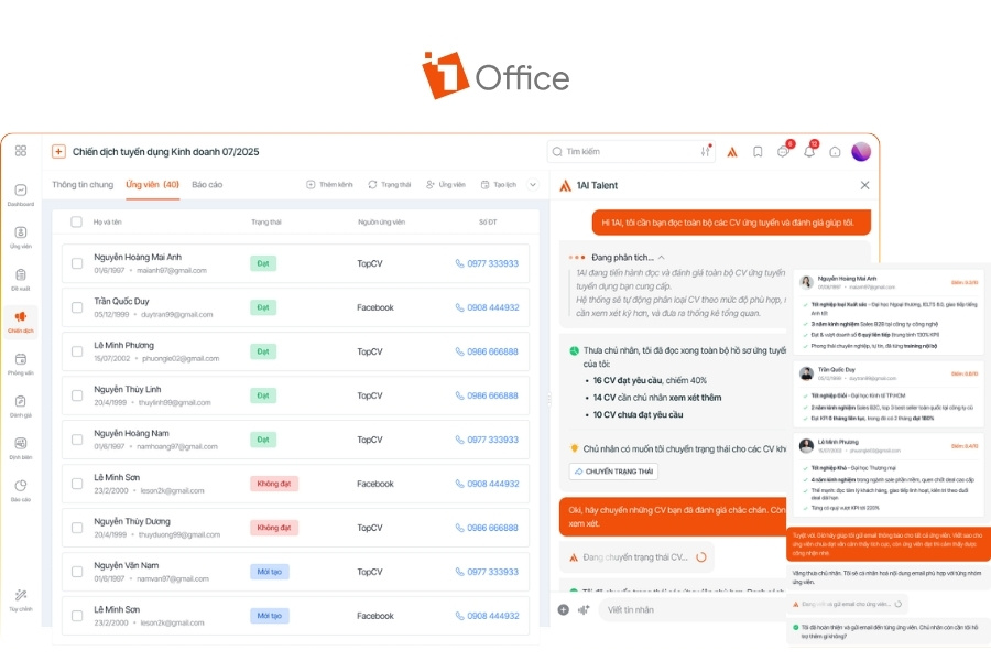 Phân hệ tuyển dụng trên 1HRM kết hợp AI Talent giúp phân tích CV, đánh giá mức độ phù hợp với vị trí và đề xuất ứng viên tiềm năng, hỗ trợ HR rút ngắn thời gian sàng lọc và nâng cao chất lượng tuyển dụng.