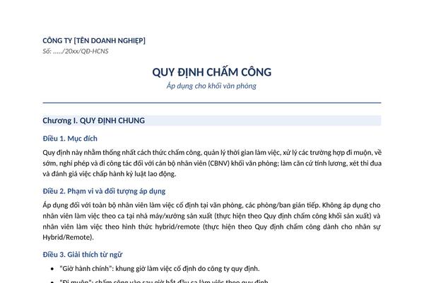 Mẫu quy định chấm công khối văn phòng