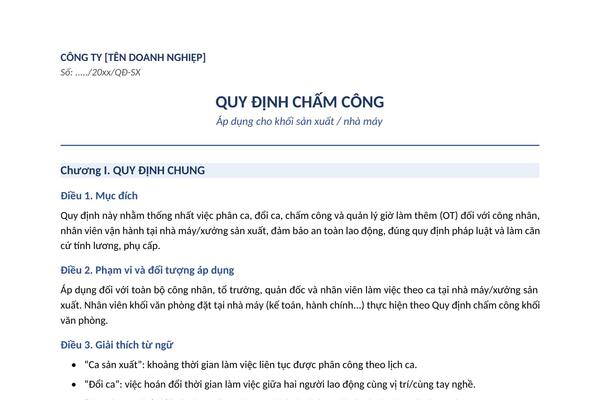 Mẫu quy định chấm công khối sản xuất