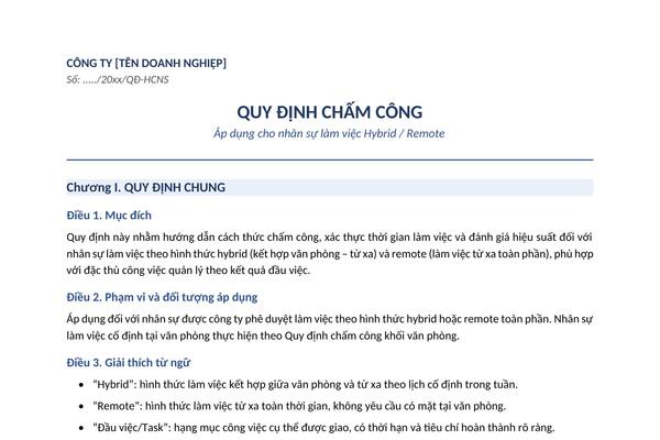 Mẫu quy định chấm công nhân sự Hybrid & Remote