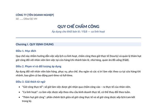 Mẫu quy chế chấm công khối bán lẻ và F&B