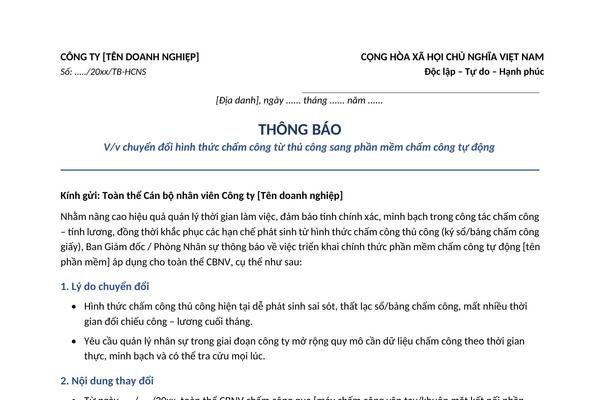 Mẫu thông báo chuyển đổi hình thức chấm công tự động