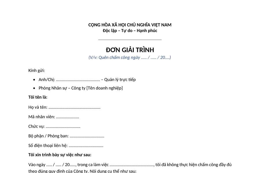 Mẫu đơn giải trình quên chấm công chuẩn