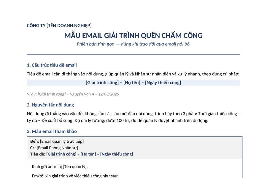 Mẫu Email giải trình quên chấm công tinh gọn