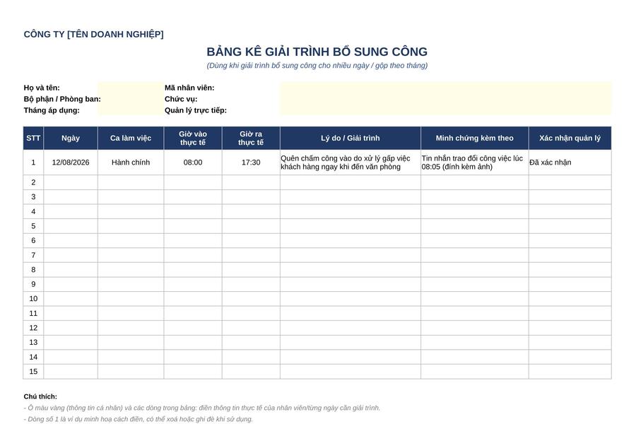 Mẫu bảng kê giải trình bổ sung công gộp