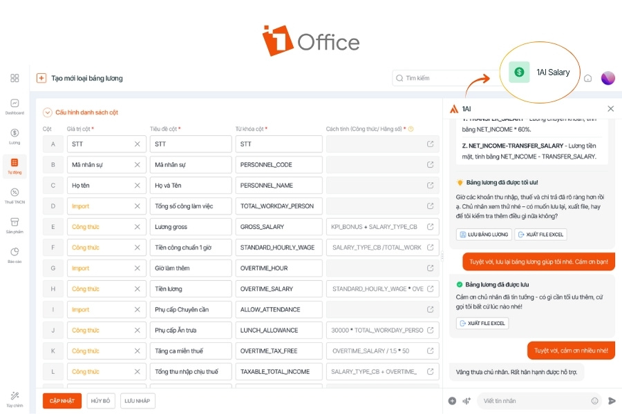 Tính năng 1AI Salary hỗ trợ tự động cấu hình và tối ưu danh sách cột bảng lương trên 1Office.