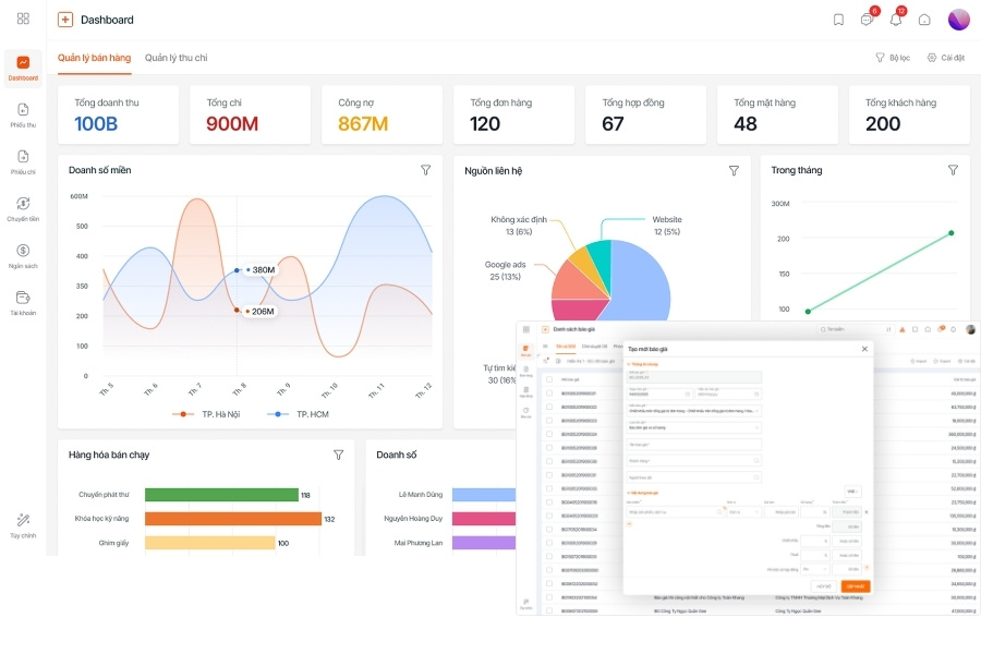Giao diện báo cáo quản lý bán hàng và cửa sổ tạo báo giá chuyên nghiệp trên phân hệ 1CRM của nền tảng 1Office.
