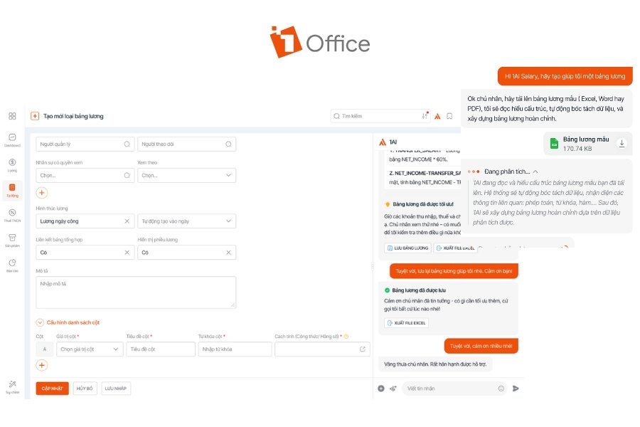 Giao diện phần mềm quản trị 1Office tích hợp trợ lý AI Agents hỗ trợ tạo bảng lương tự động.
