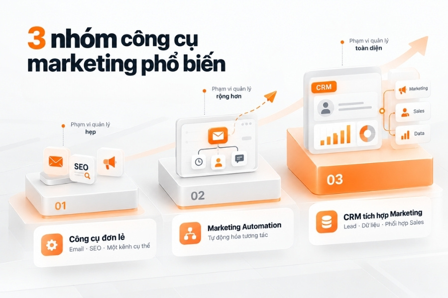 Infographic phân loại 3 nhóm công cụ marketing phổ biến theo phạm vi quản lý từ 1Office.