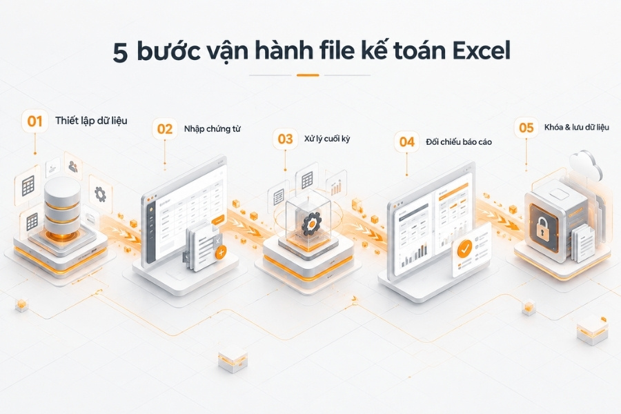 Infographic quy trình 5 bước vận hành file kế toán Excel từ 1Office.