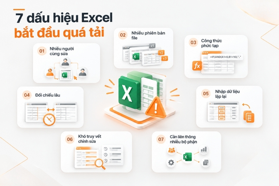 Infographic 7 dấu hiệu Excel bắt đầu quá tải trong vận hành doanh nghiệp từ 1Office.