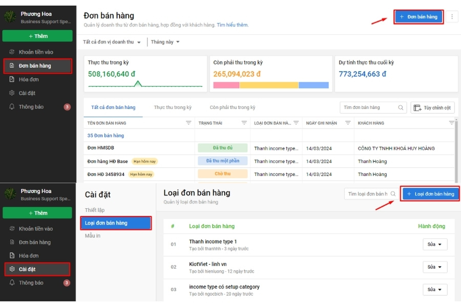 Giao diện quản lý đơn bán hàng và thiết lập phân loại đơn hàng trên ứng dụng Base Sales (Base Commerce).