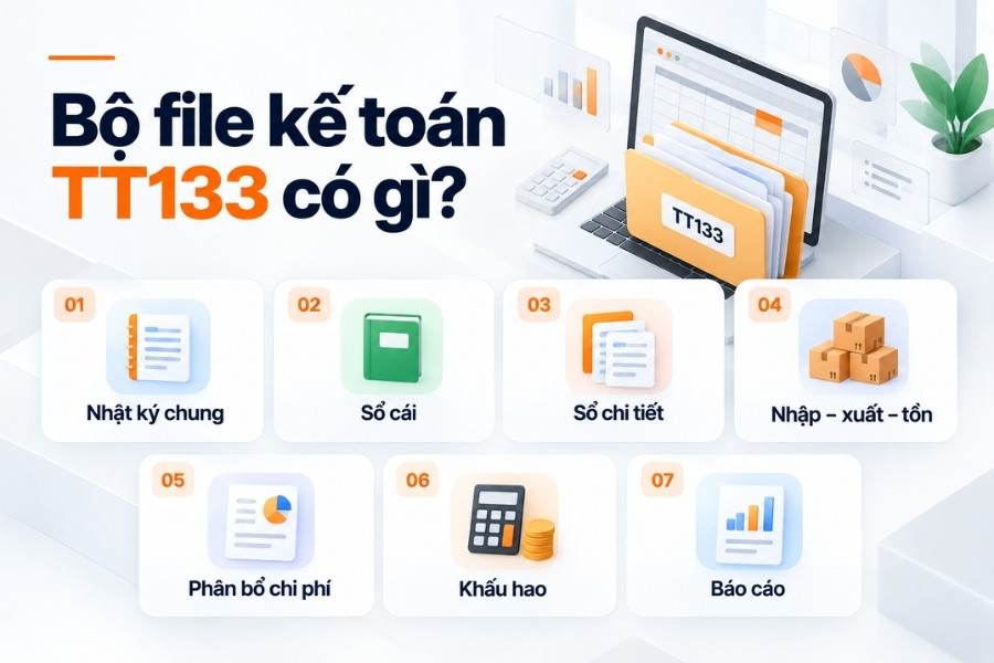 Infographic 7 thành phần cốt lõi trong bộ file kế toán Excel theo Thông tư 133 từ 1Office.
