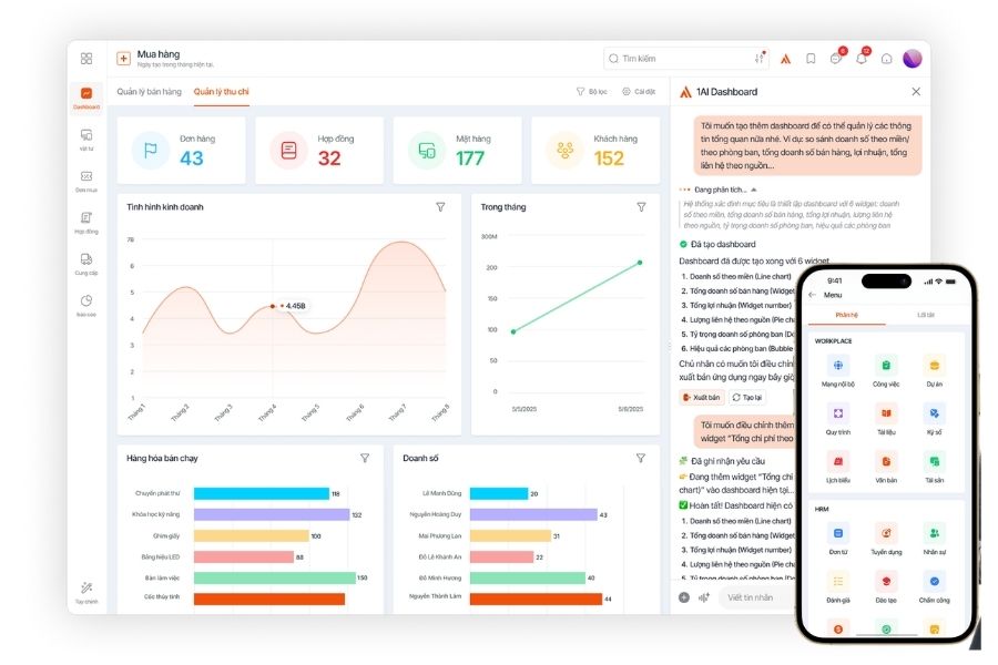 Giao diện quản trị 1Office tích hợp AI Agents hỗ trợ phân tích dữ liệu kinh doanh và bứt phá vận hành doanh nghiệp trên máy tính và điện thoại.