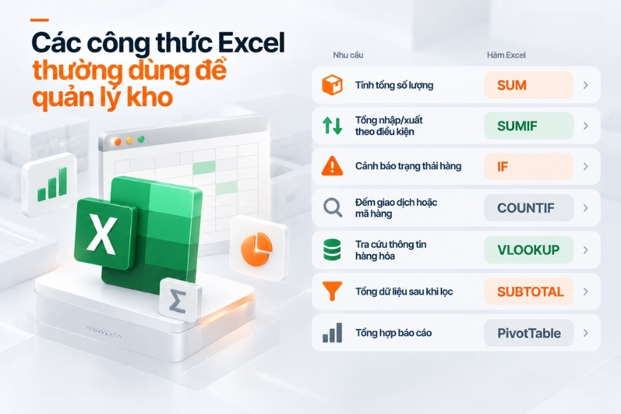 Infographic tổng hợp các công thức Excel thường dùng để quản lý kho hàng
