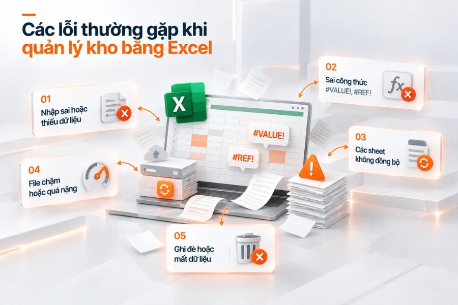 Infographic tổng hợp 5 lỗi thường gặp khi quản lý kho bằng Excel làm ảnh hưởng đến tính chính xác của dữ liệu hàng hóa