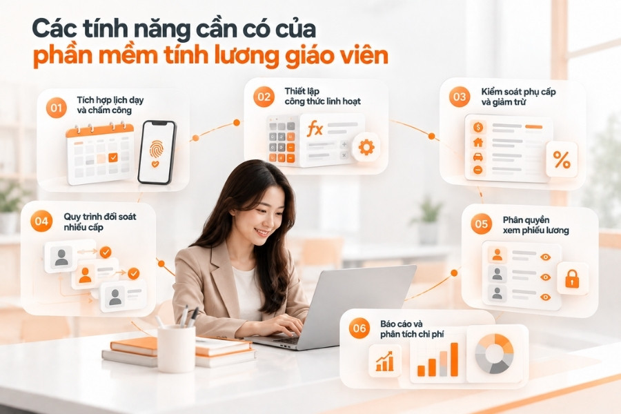 Infographic tổng hợp 6 tính năng cần có của phần mềm tính lương giáo viên từ 1Office.