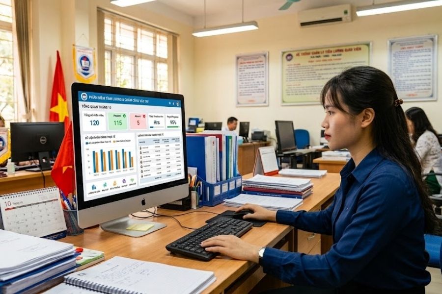 Nhân viên kế toán trường học đang thao tác trên máy tính với phần mềm tính lương và chấm công giáo viên trong văn phòng.