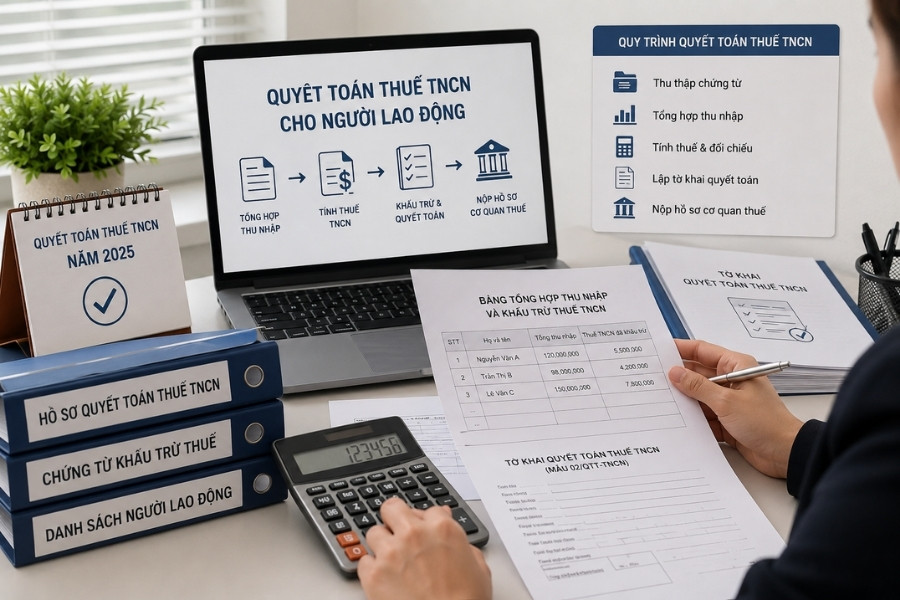 Minh họa quy trình quyết toán thuế TNCN cho người lao động cùng tài liệu tờ khai và bảng tổng hợp thu nhập năm 2025.