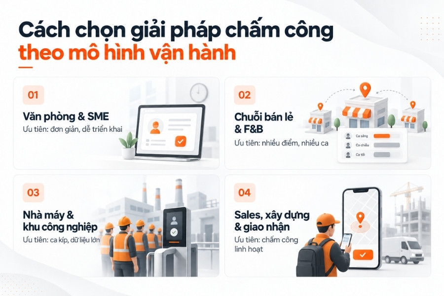 Infographic hướng dẫn chọn giải pháp chấm công theo 4 mô hình vận hành doanh nghiệp