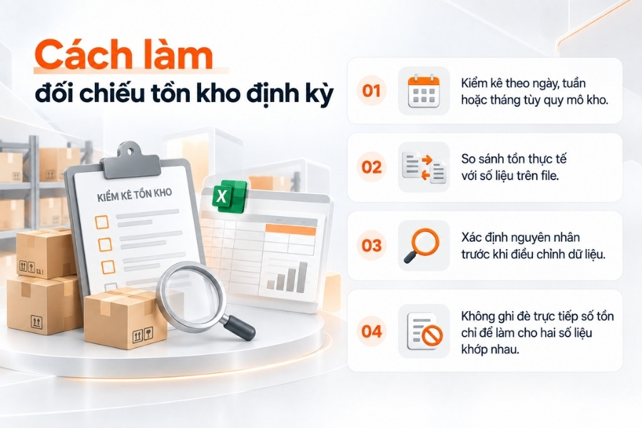 Infographic sơ đồ 4 bước hướng dẫn cách làm đối chiếu tồn kho định kỳ giữa số liệu thực tế và file Excel