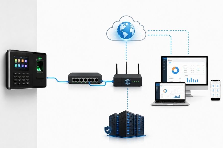 Mô hình kết nối máy chấm công qua mạng WAN/Domain, đồng bộ dữ liệu tới máy chủ lưu trữ và các thiết bị quản lý.