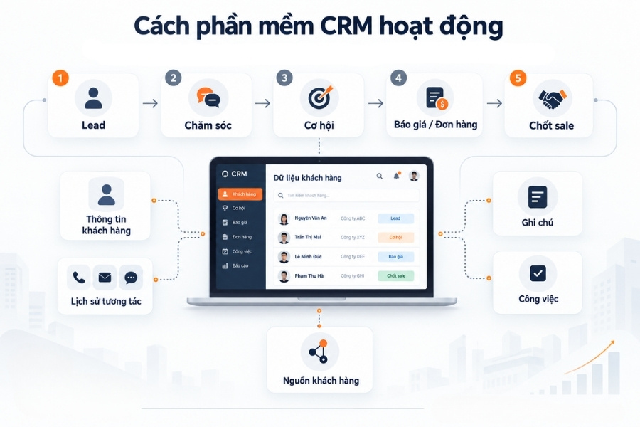 Infographic sơ đồ nguyên lý 5 bước vận hành của phần mềm CRM quản lý khách hàng