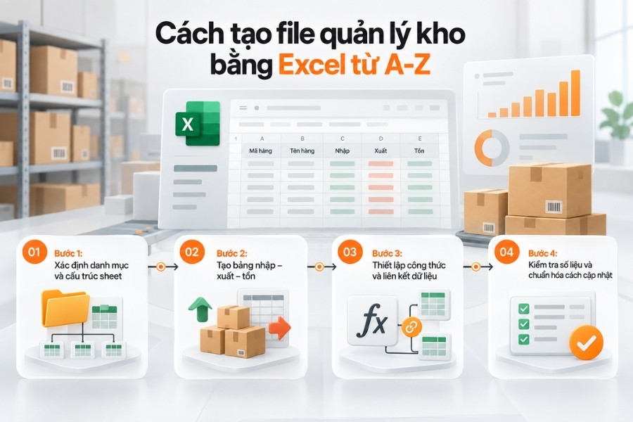 Infographic sơ đồ 4 bước hướng dẫn cách tạo file quản lý kho bằng Excel từ A-Z chi tiết cho doanh nghiệp