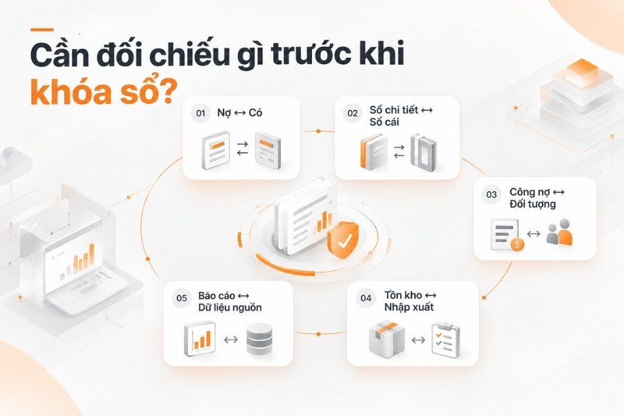 Infographic 5 điểm cần đối chiếu quan trọng trước khi khóa sổ kế toán từ 1Office.