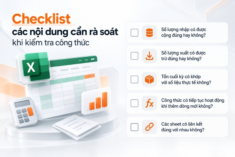Infographic checklist 5 nội dung cần rà soát khi kiểm tra công thức file quản lý kho bằng Excel