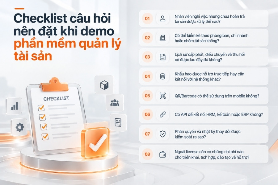Infographic checklist 8 câu hỏi quan trọng cần đặt khi demo phần mềm quản lý tài sản doanh nghiệp