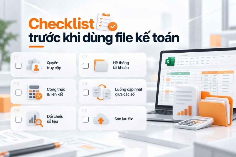 Infographic checklist 6 bước kiểm tra bắt buộc trước khi sử dụng file kế toán Excel từ 1Office.