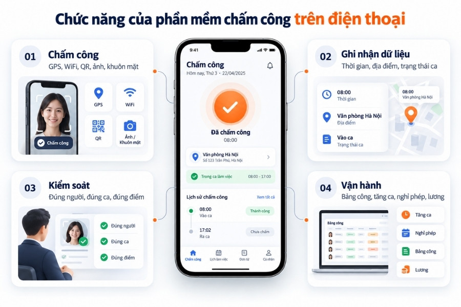 Infographic tổng hợp 4 nhóm chức năng chính của phần mềm chấm công trên điện thoại