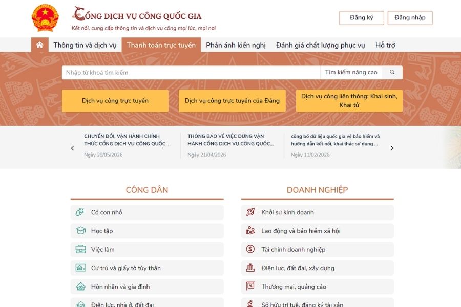 Giao diện trang chủ Cổng Dịch vụ công Quốc gia – kênh tích hợp thông tin và dịch vụ công trực tuyến về BHXH cho công dân và doanh nghiệp.