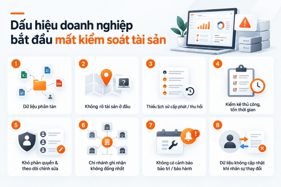 Infographic 8 dấu hiệu cảnh báo doanh nghiệp bắt đầu mất kiểm soát tài sản và cần chuẩn hóa quy trình quản lý