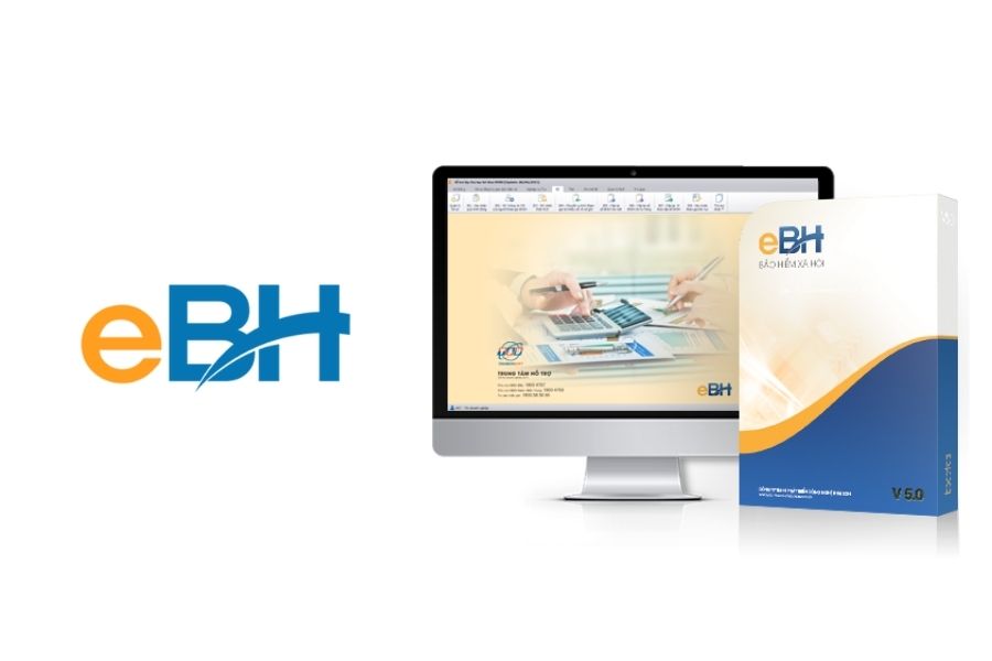 Logo eBH và giao diện phần mềm kê khai bảo hiểm xã hội điện tử eBH trên máy tính.