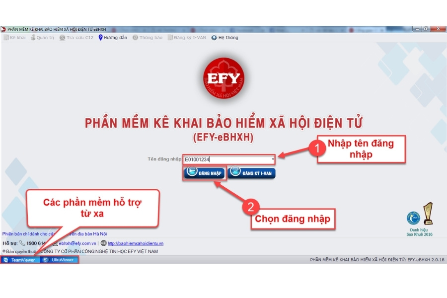 Giao diện đăng nhập phần mềm kê khai bảo hiểm xã hội điện tử EFY-eBHXH hướng dẫn nhập tên tài khoản và kết nối hỗ trợ từ xa.
