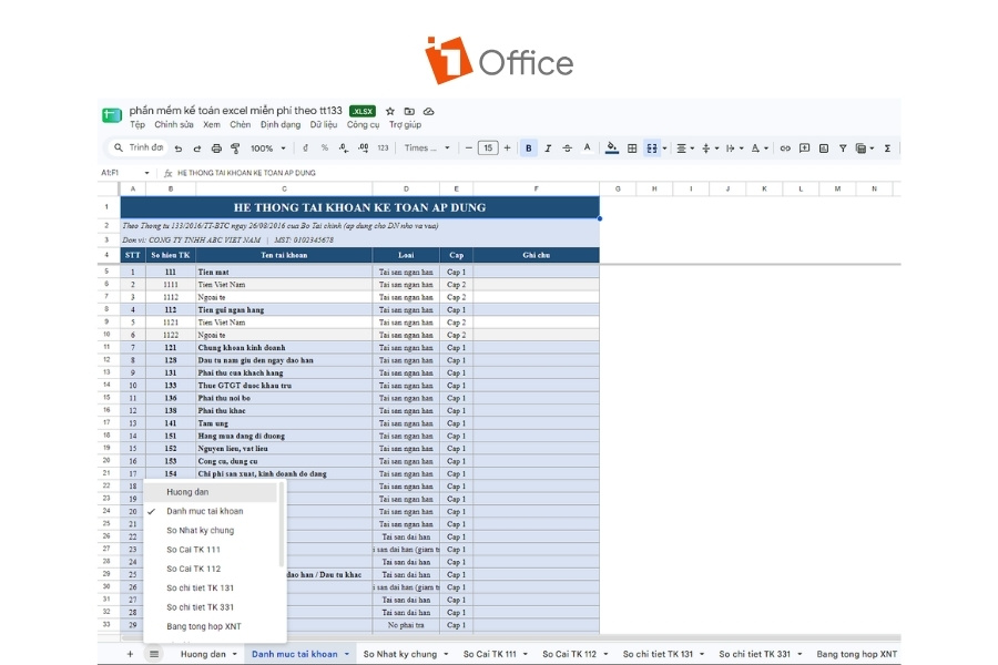Giao diện bảng tính Excel hệ thống tài khoản kế toán áp dụng theo Thông tư 133 từ 1Office.