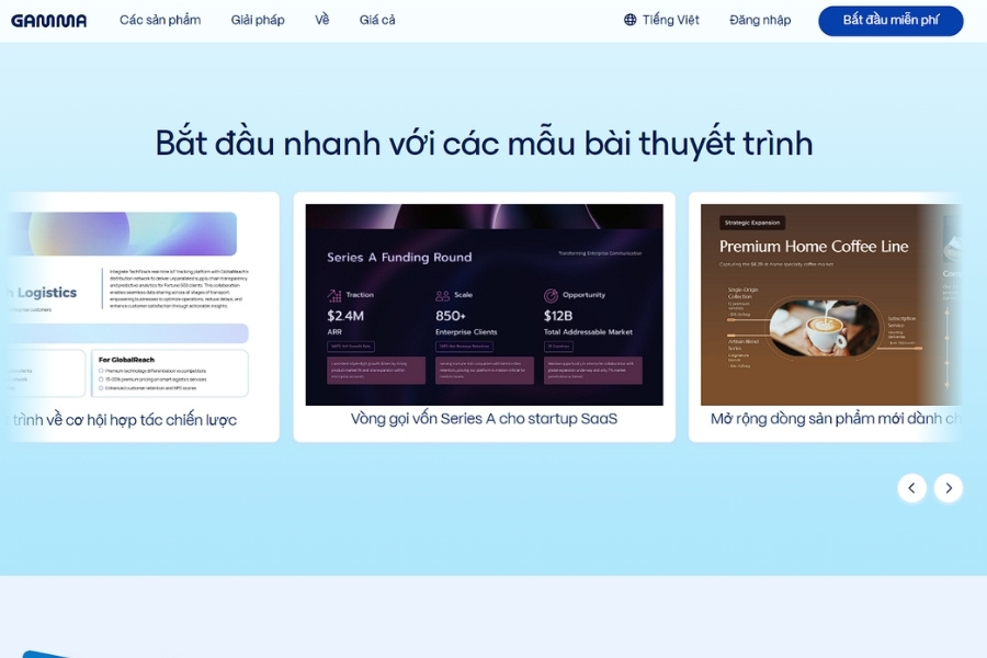 Giao diện các mẫu bài thuyết trình đa dạng trên ứng dụng Gamma AI hỗ trợ tạo slide tự động từ câu lệnh.