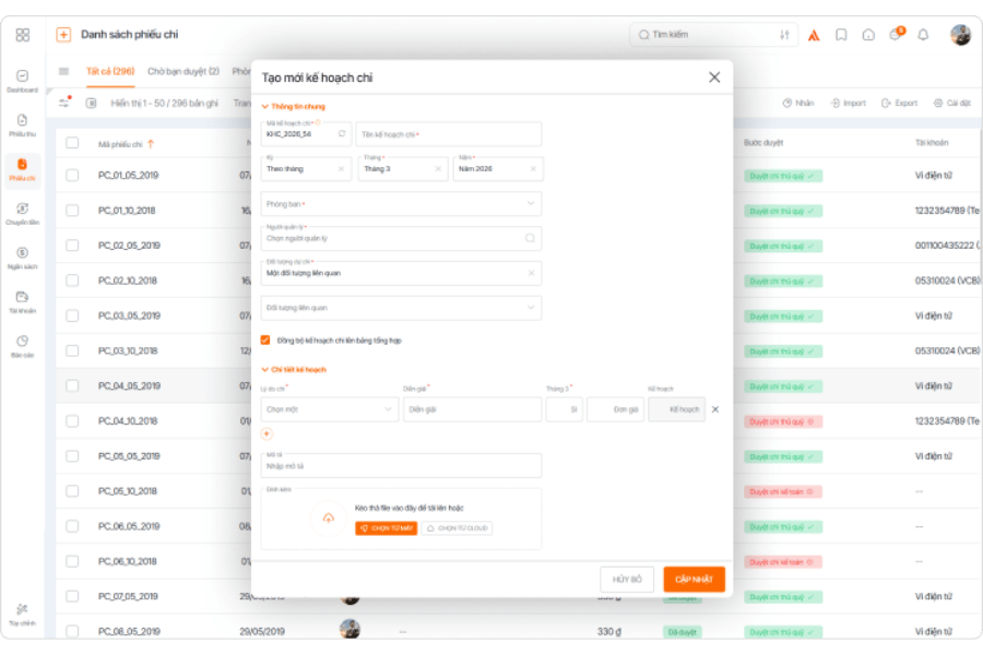Giao diện 1Office CRM lập kế hoạch và theo dõi thu chi theo kỳ