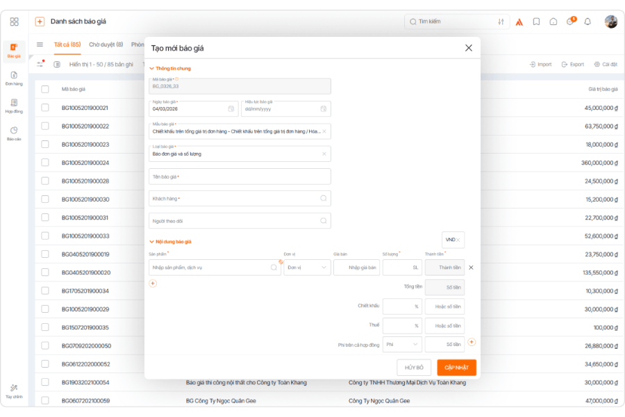 Giao diện 1Office CRM theo dõi và quản lý chi tiết báo giá