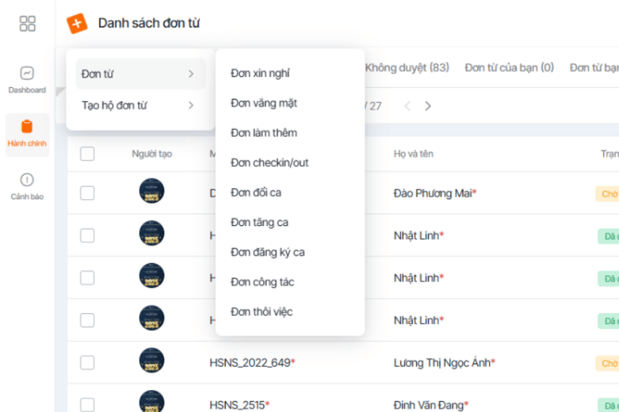 Giao diện 1Office HRM số hóa đơn từ, quản lý phép dễ dàng
