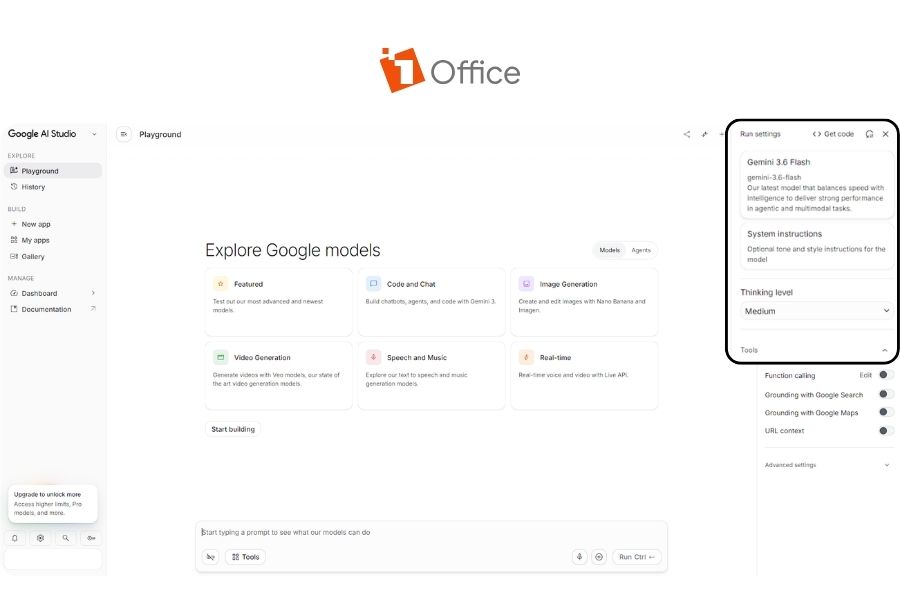 Giao diện nền tảng Google AI Studio từ 1Office, giới thiệu giải pháp AI toàn diện giúp tích hợp vào quy trình vận hành của doanh nghiệp.