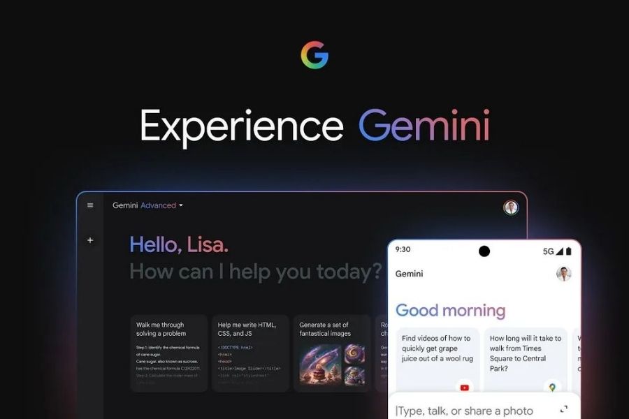 Giao diện phần mềm Google Gemini Advanced trên máy tính và thiết bị di động tích hợp trợ lý hội thoại AI cùng hệ sinh thái Google.