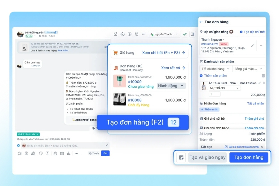 Giao diện quản lý tin nhắn và tạo đơn hàng bán hàng qua mạng xã hội trên nền tảng HaraSocial (Haravan).