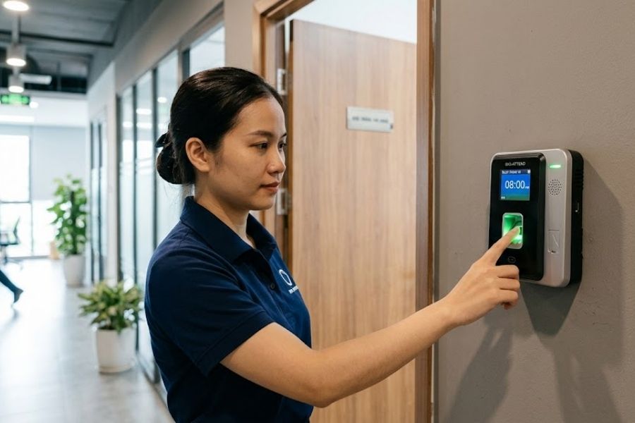 Hệ thống máy chấm công vân tay hoàn chỉnh cho doanh nghiệp giúp ghi nhận giờ làm việc chính xác.