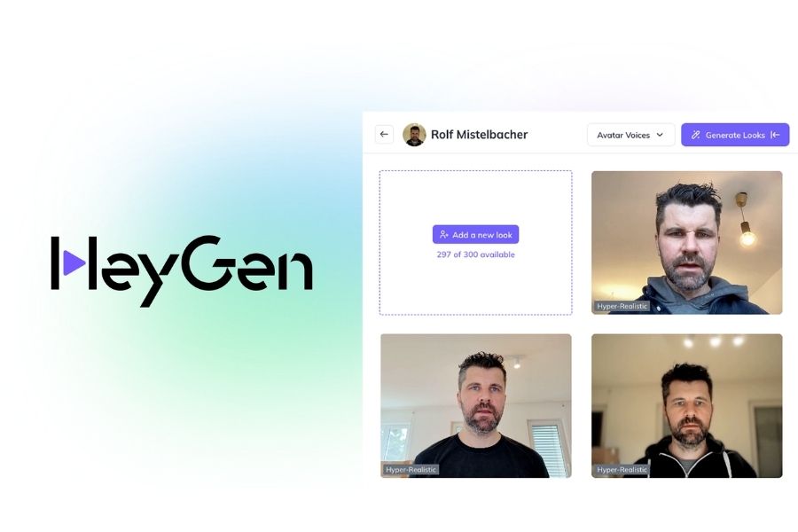 Giao diện ứng dụng HeyGen tạo video chuyên nghiệp với nhân vật ảo AI (Avatar) và công nghệ lồng tiếng tự động.